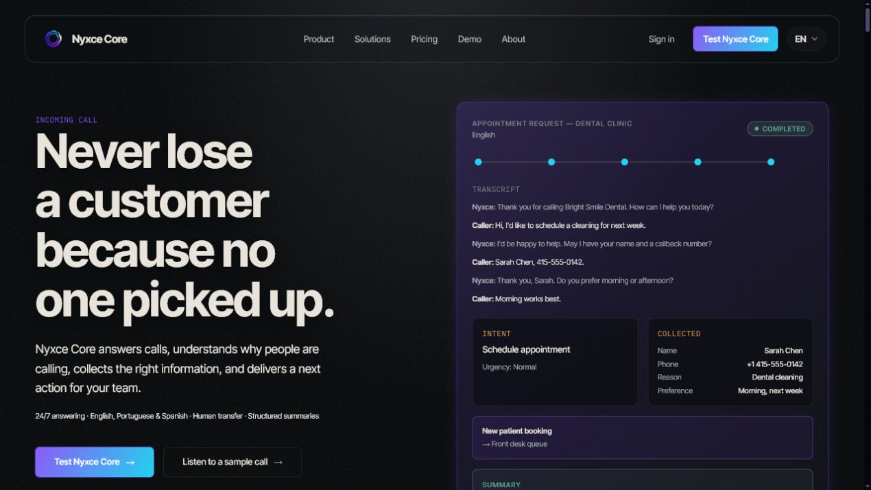Página inicial do produto Nyxce Core